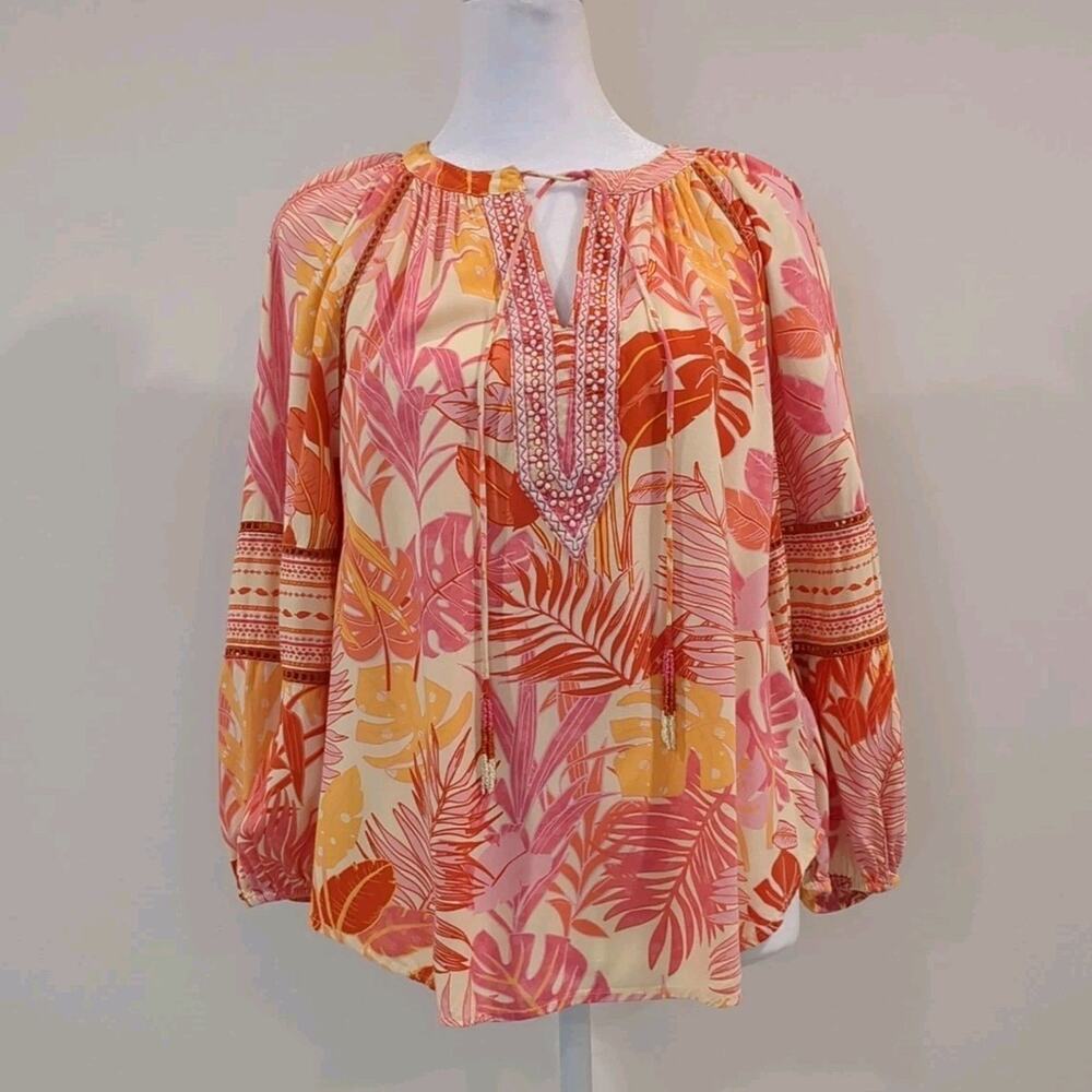 Haute Hippie Tropical Print Top Womens S Colorful Boho Long Balloon Sleeve Shirt